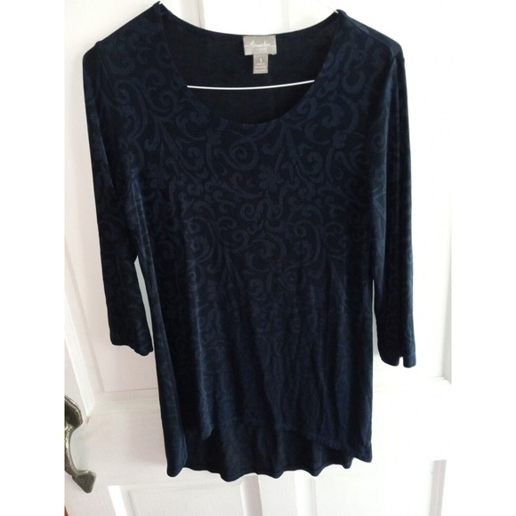 Chico's‎ Travelers Top Tunic Size 1  Round Neck Navy Blue Long Sleeves Stretch - Picture 1 of 6